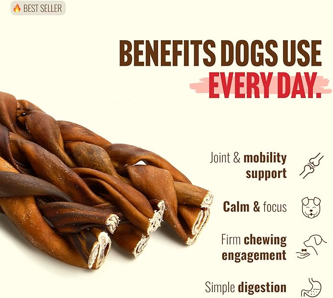 Natural Farm Odor-Free Super Braided Collagen Dog Chews (6-Inch, 5-Pack) First Ever Real Bull Sticks Alternative, 100% Natural Angus Hide Collagen Treats- More Protein More Chew Time for All Dogs