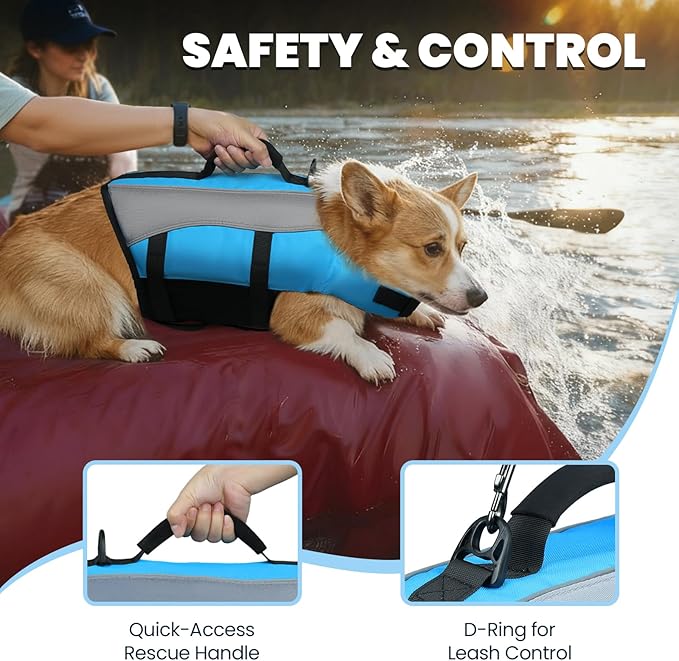 VIVAGLORY Front Float Dog Life Vest, Dog Life Jacket for Swimming & Boating, Swimming Vest with Chin Float & Handle, Ripstop & Buoyancy for Puppy Doggy, L, Blue