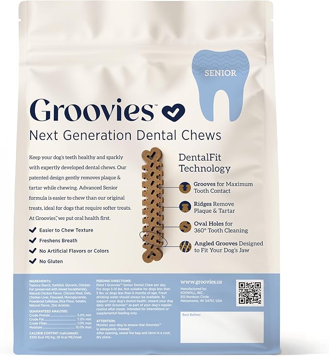 Groovies Gentle & Flexible Senior Dog Dental Chews, Contact-Cleaning Design Supporting Tartar Control & Fresh Breath, Oral Care Treats, USA Manufactured, Patented DentalFit Tech, Small Dogs, 22 Chews