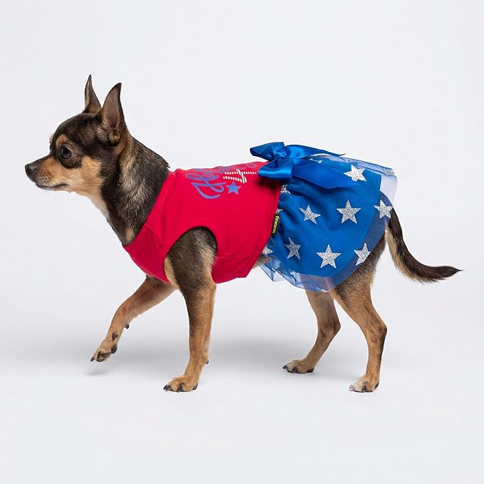 Fitwarm Happy 4th of July Dog Tulle Dress, Patriotic Dog Clothes for Small Dogs Girl, Red and White Star Pet Outfit, Red, Royal Blue, Small