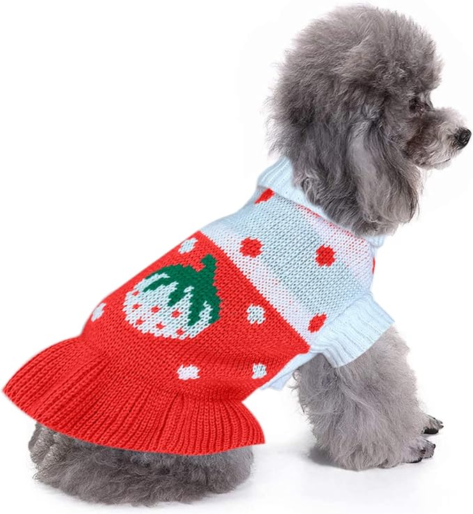 CHBORCHICEN Pet Dog Sweaters Classic Knitwear Turtleneck Winter Warm Puppy Clothing Cute Strawberry and Heart Doggie Sweater (S, Dress-Red1)