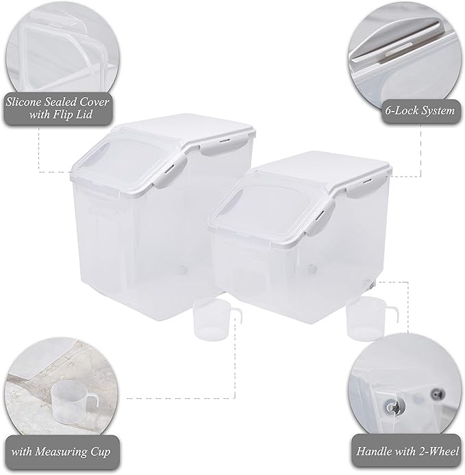 HANAMYA Food Storage Container with Measuring Cup, BPA free, 50-Cup, For Rice | Grain | Pet Food | Flour, Clear & Off White