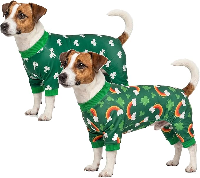 Vehomy 2-Pack St.Patrick's Day Dog Pajamas Clover Rainbow Pet Jumpsuits Puppy Pjs Lucky Shamrock Dog Onesie St Patricks Dog Jammies Costume Outfit Clothes for Small Medium Large Dogs S
