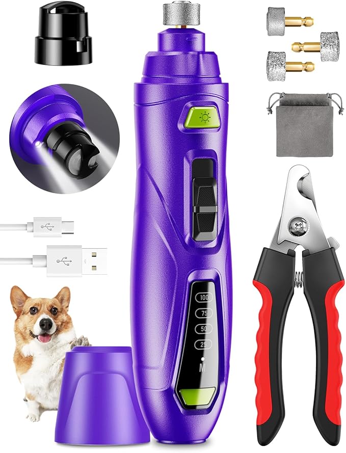 Dog Nail Grinder & Clipper 2-in-1 Set - 25dB Ultra Quiet with 3 Grinding Wheels & 2 LED Lights, Rechargeable for Large/Puppy Dogs & Cats, 3-Speed Adjustable for Anxious Pets