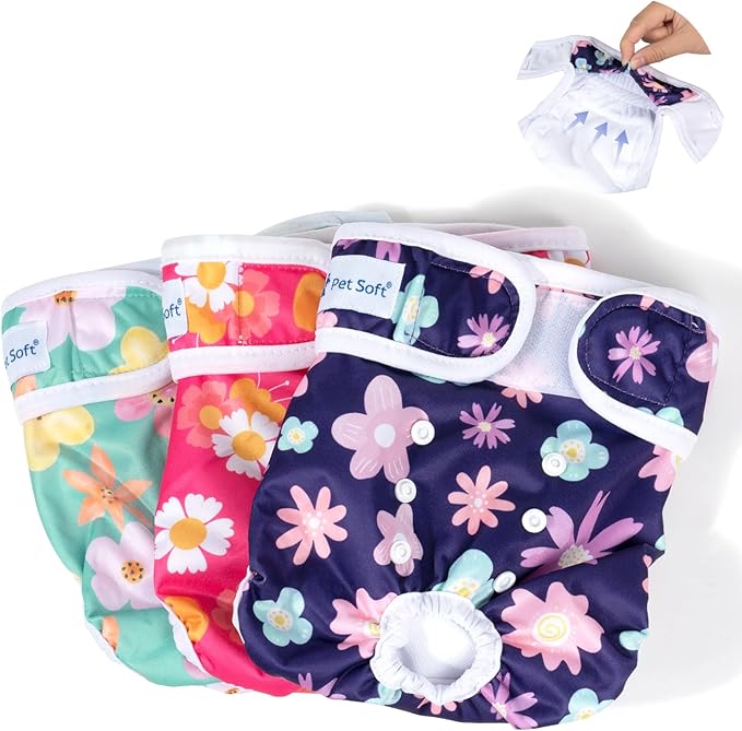 Pet Soft Washable Female Diapers (3 Pack) Female Dog Diapers, Comfort Reusable Doggy Diapers for Girl Dog in Period Heat (Bloom, S)