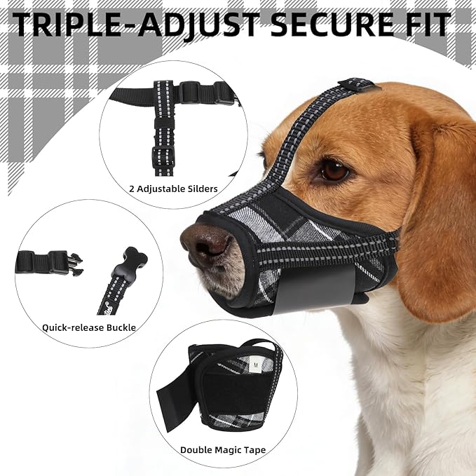 PUPTECK Dog Muzzle, Soft Adjustable Loop Reflective Pets Muzzle Prevent Biting Barking Chewing, Breathable Muzzle with Air Mesh Dog Mouth Guard Drinkable for Large Medium Small Sized, Black Plaid, M