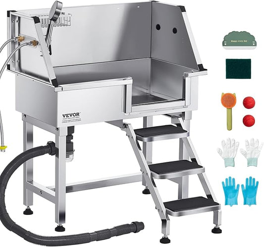 VEVOR 34 Inch Stainless Steel Dog Washing Station, Pet Grooming Tub with Hot & Cold Faucet, Showerhead, Home Wash Sink, Fits Small Cats and Dogs, Non-Slip Stairs (Right Door)