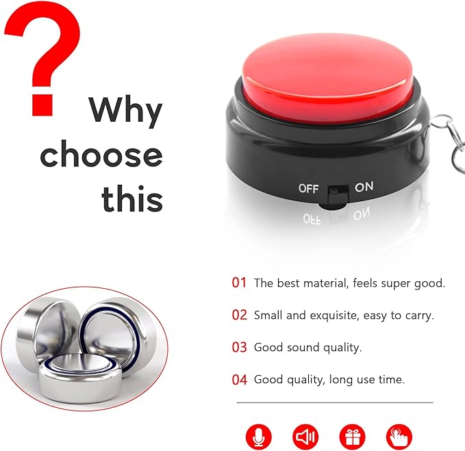 Recordable Talking Button with Keychain, 20s Voice Recording Time Sound Button Answer Buzzers Funny Buttons Record Your Own Words Also Used for Dog Training - Red and Black (Battery Included)