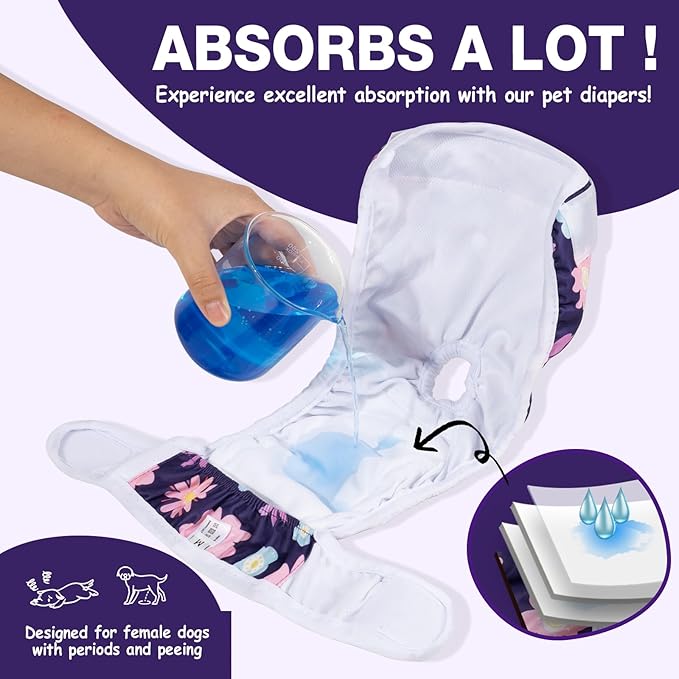Pet Soft Washable Female Diapers (3 Pack) Female Dog Diapers, Comfort Reusable Doggy Diapers for Girl Dog in Period Heat (Bloom, L)