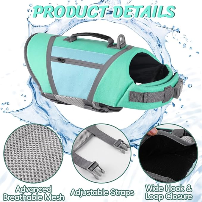 EMUST Dog Life Vest, Lightweight Life Jacket for Dogs with Pockets, Stylish Dog Life Preserver with Rescue Handle & Reflective Stripes for Swimming, Boating, Kayaking, Turquoise, XS