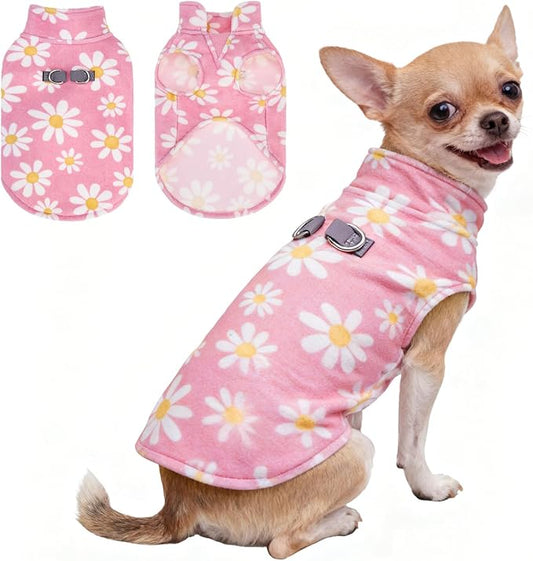 BEAUTYZOO Dog Fleece Vest Sweater Winter Jacket for Small and Medium Dogs with D-Ring Leash Cold Weather Coat Hoodie for XS S M Dogs Boy or Girls,Pink Daisy M