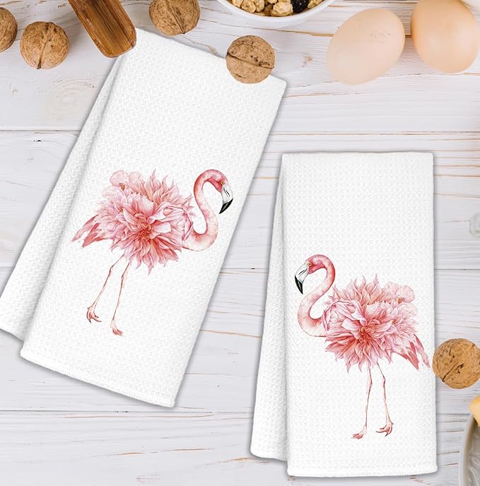Pink Floral Flamingo Bathroom Hand Towels Set of 2, Flamingo Gifts for Women, Pink Flamingos Decor Hand Towels for Bath Room Washroom, Tropical Animal Kitchen Dish Towel, 16x24 Inch