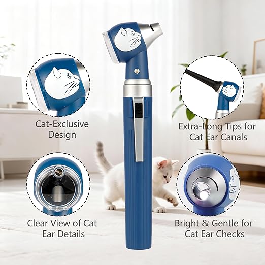 Veterinary LED Otoscope for Pets Cat-Design - Ear Infection Detector with Light, 6 Disposable Tips for Dogs & Cats, Portable Home Ear Checker (Blue)