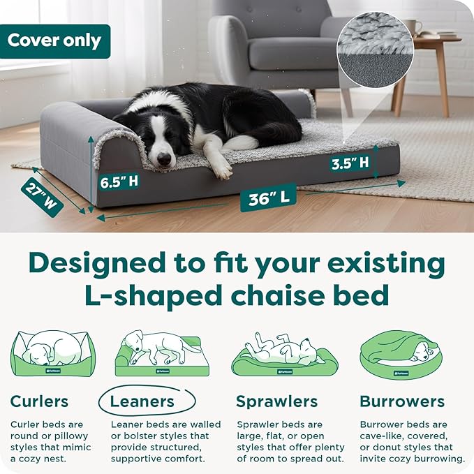 FurHaven Replacement Dog Bed Cover, Two-Tone Bed Cover for L-Shaped Chaise, Removable Washable Cover, Large, Faux Fur & Suede, Stone Gray