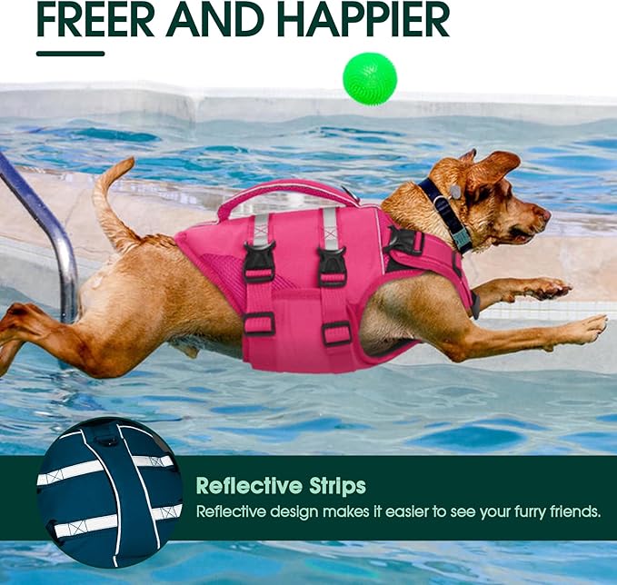 Kuoser Dog Life Jacket, High Flotation Dog Life Vest for Swimming Boating, Adjustable Ripstop Pet Lifesaver for Small Medium and Large Dogs, Reflective Safety Puppy Swimming Vest with Rescue Handle