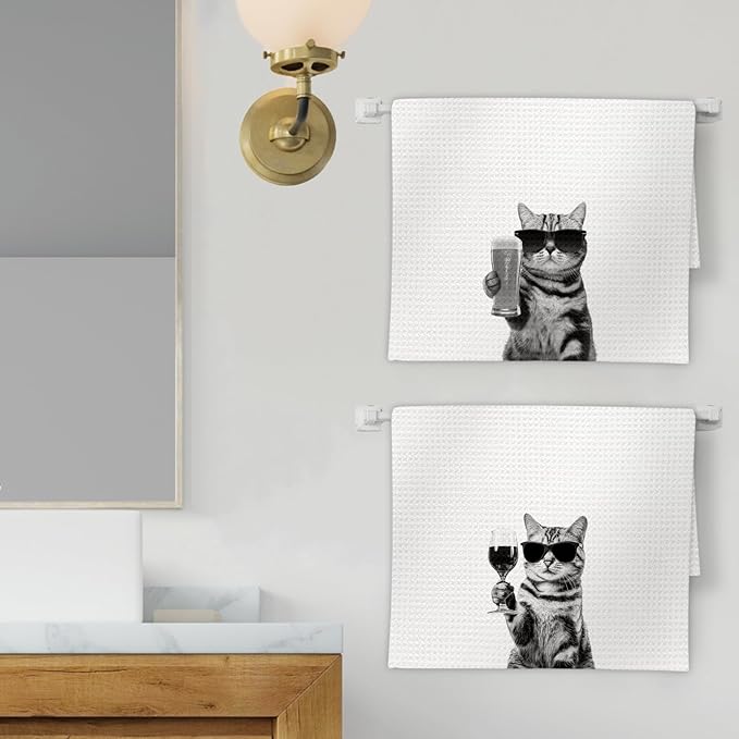 American Shorthair Gifts Cat Wine Kitchen Towels Set of 2, Funny Cats Wine Lover Decorative Hand Dish Towel for Kitchen Home Bar, Gift for Cat Beer Lovers Home Bar Decor(16x24Inch)