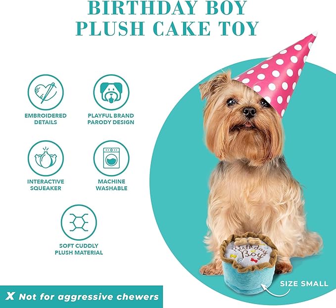 Haute Diggity Dog Birthday Boy Cake, Plush Designer Dog Toys with Interactive Squeaker, Stimulating Pet Enrichment, Machine-Washable & Safe Materials for All Breeds, Size Small