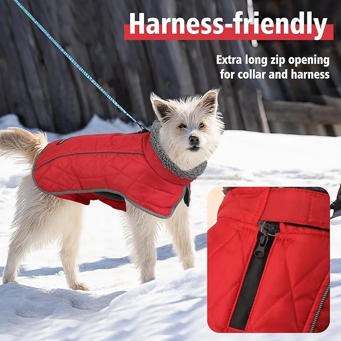 Fragralley Dog Coat Large, Waterproof Dog Jacket with Warm Fleece Lining, Adjustable Reflective Dogs Winter Coat, Turtleneck Pet Coats for Cold Weather (Red XL)