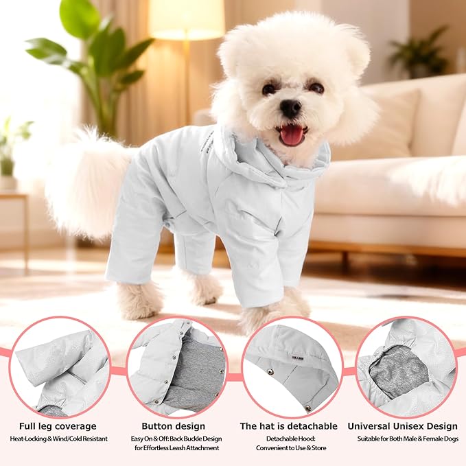 White Duck Down Dog Coat - 4-Leg Coverage, Waterproof Windproof Warm Winter Snowsuit, Cotton Anti-Static Lining, Built-in Harness Hole for Small/Medium Dogs,Size 11(XS) Silver
