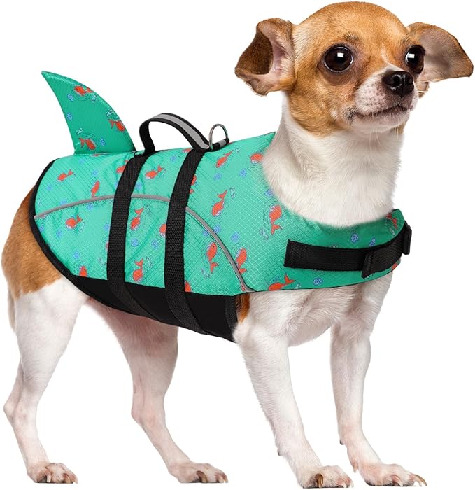 Queenmore Large Dog Shark Life Jacket, Safety Dog Life Vest for Swimming, Boating, Kayaking, GreenPrints, Size Large
