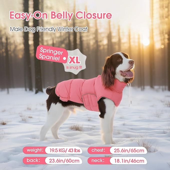 FUAMEY Dog Puffer Jacket for Large Dogs,Dog Cold Weather Coats Winter Dogs Down Jackets Waterproof Pet Snowsuits Warm Puppy Winter Vest Turtleneck Pets Adjustable Jackets Coats Pink XL