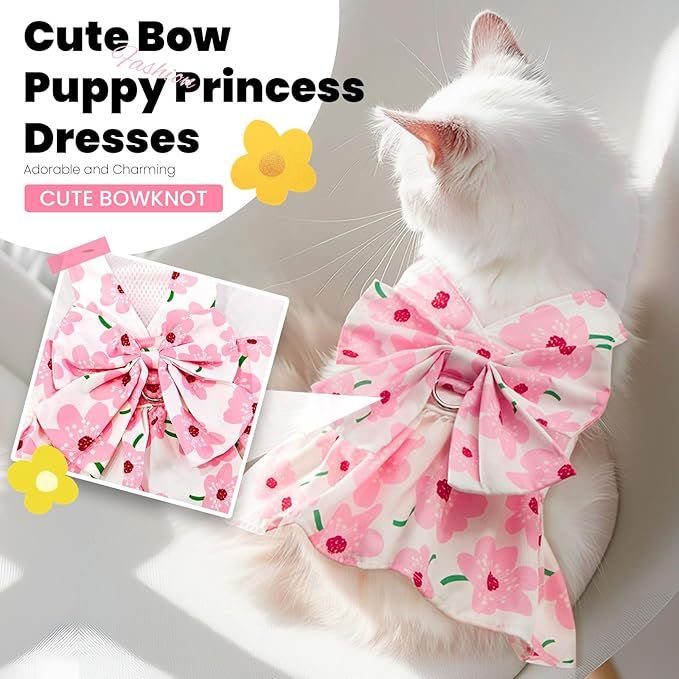 Cute Dog Dress Small Dog Clothes For Girls Female Puppy Outfits Pink Floral Pet Summer Clothes Bowknot Doggy Cat Princess Dress Harness Set for Holiday Birthday Party Costume Clothing (Pink,XL)
