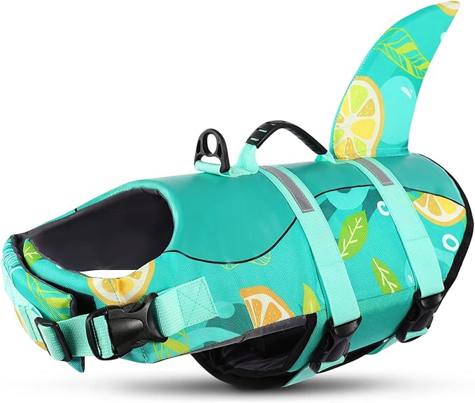 Queenmore Dog Life Jacket with Rescue Handle - Adjustable Reflective Dog Shark Life Vest for Small Dogs, Green Print