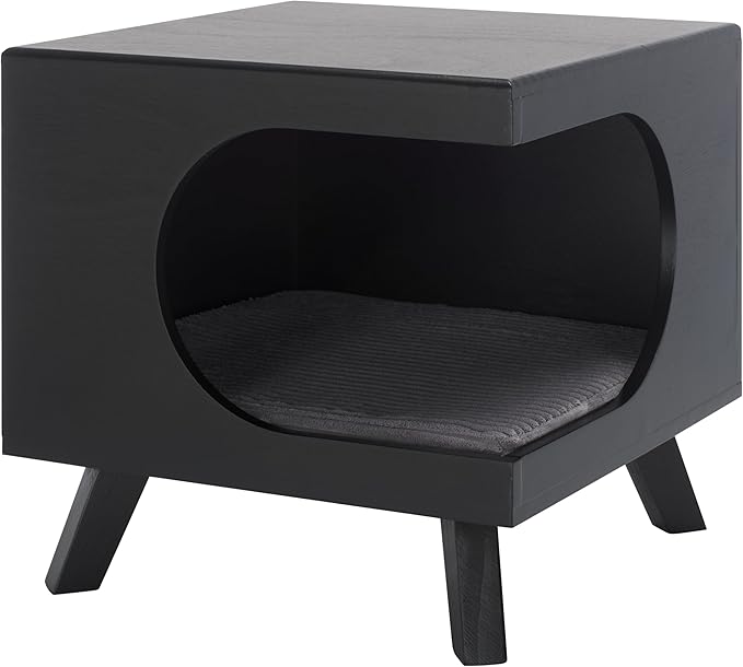 SAFAVIEH Home Collection Bean Mid-Century Matte Black Square Covered Cave Small Pet Cat Bed (Fully Assembled)