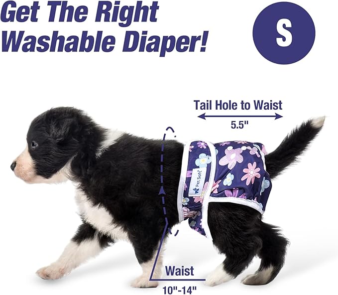 Pet Soft Washable Female Diapers (3 Pack) Female Dog Diapers, Comfort Reusable Doggy Diapers for Girl Dog in Period Heat (Bloom, S)