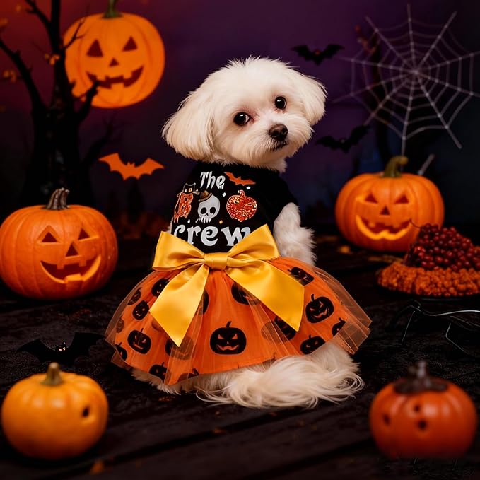 Idepet Dog Dress Halloween, Holiday Puppy Skirt Cute Boo Dog Costume Funny Pumpkin Print Pet Apparel Dog Clothes for Small Dogs Girls and Cats (X-Small)