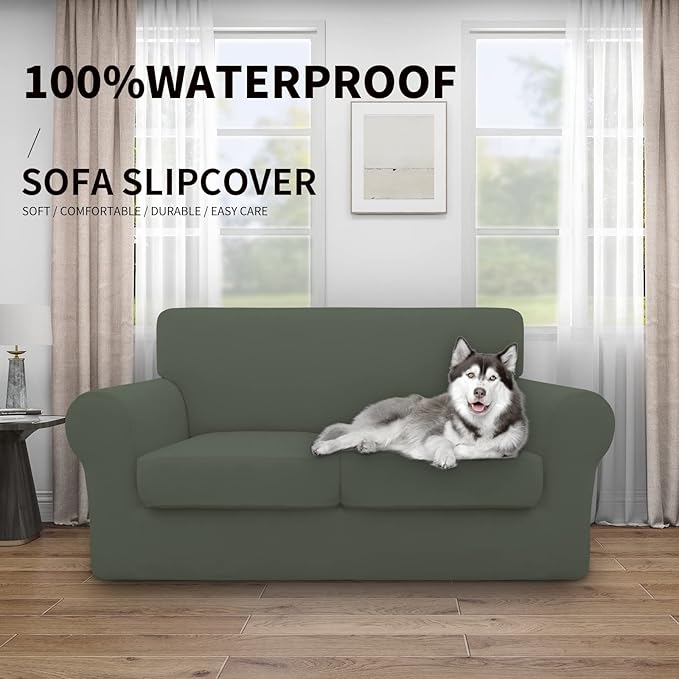 Easy-Going 100% Dual Waterproof 3 Pieces Loveseat Cover Stretch Soft Couch Cover for Dogs, Sofa Slipcover for 2 Separate Cushion Couch Leakproof Furniture Protector for Kids, Pets Grayish Green