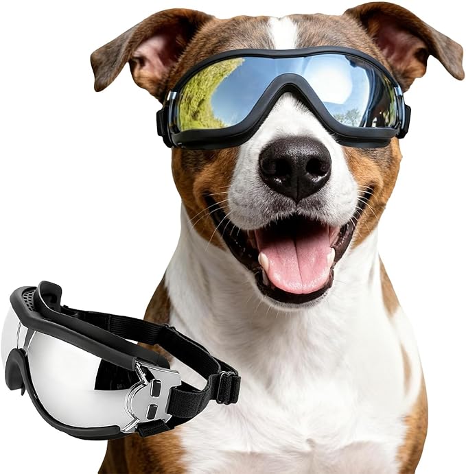 NAMSAN Dog Goggles Medium to Large Breed, Anti-UV Sunglasses for Dogs Large Breeds, Windproof Driving Dog Eye Protection, Doggy Glasses with Elastic Straps, Adjustable, Black