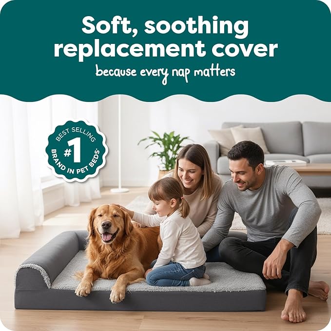 Furhaven Replacement Dog Bed Cover Two-Tone Faux Fur & Suede L Shaped Chaise, Machine Washable - Stone Gray, Jumbo (X-Large)
