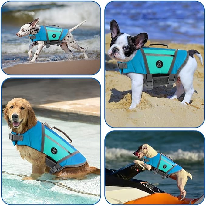 EMUST Dog Life Vest, Lightweight Jacket with Pockets, Stylish Preserver with Rescue Handle & Reflective Stripes for Swimming, Boating, Kayaking, Blue, XS