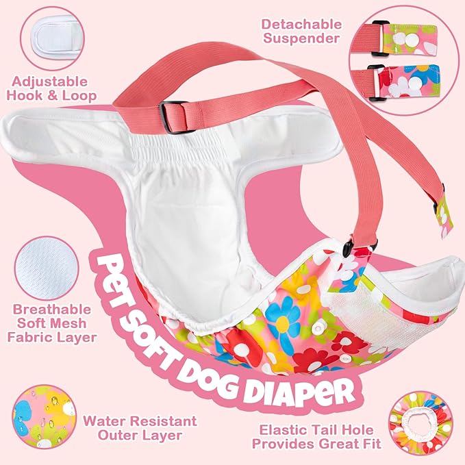 Pet Soft Dog Diapers Female with Suspenders, 3 Pack Reusable Female Dog Diapers for Heat, Dog Period Panties for Doggie in Cycle(X-Small, Floral)