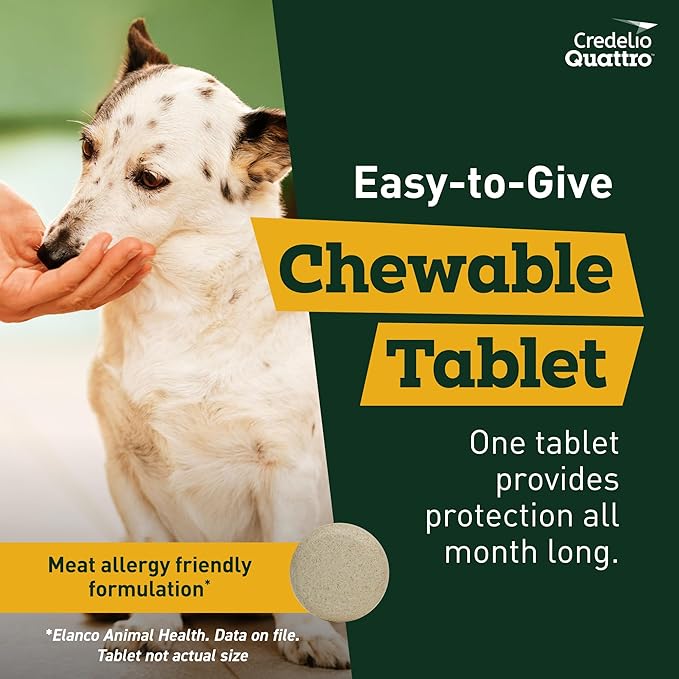 Credelio Quattro Dog Flea & Tick Treatment + Heartworm & Parasite Protection, 3.3-6 lbs (1 Chewable Tablet)