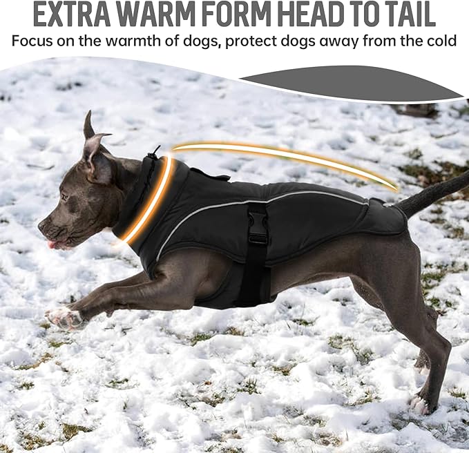 DENTRUN Winter Warm Dog Coat Reflective Jacket with Turtleneck for Cold Weather, Adjustable Buckle Windproof Water Repellent, Thick Snowsuit Fleece Vest for Small, Medium, Large Dogs, Black, XL