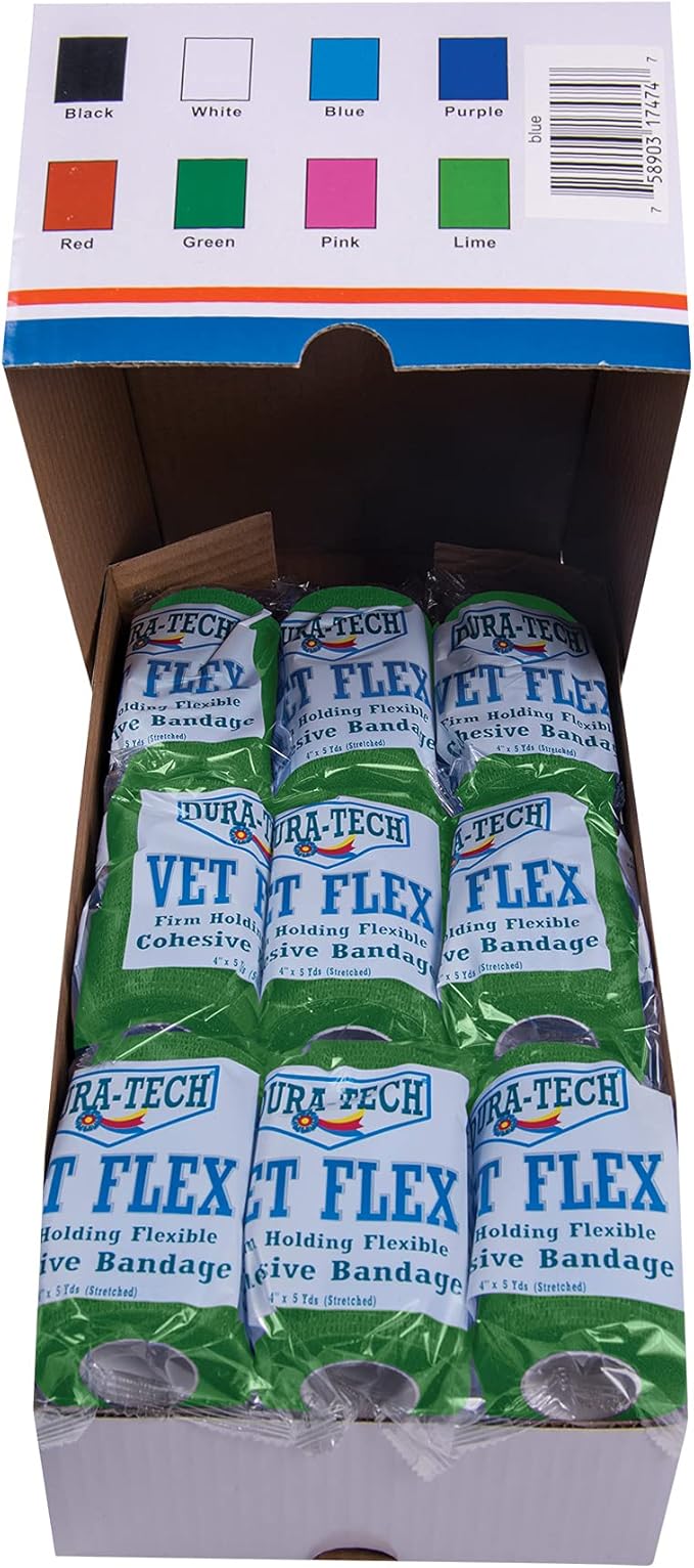 Dura-Tech Vet Flex Green Bandage First Aid Wrap | for Horses, Dogs and Others | Self-Adhesive Cohesive Tape | 4” Wide and 5 Yards of Length | Package of 18 Rolls