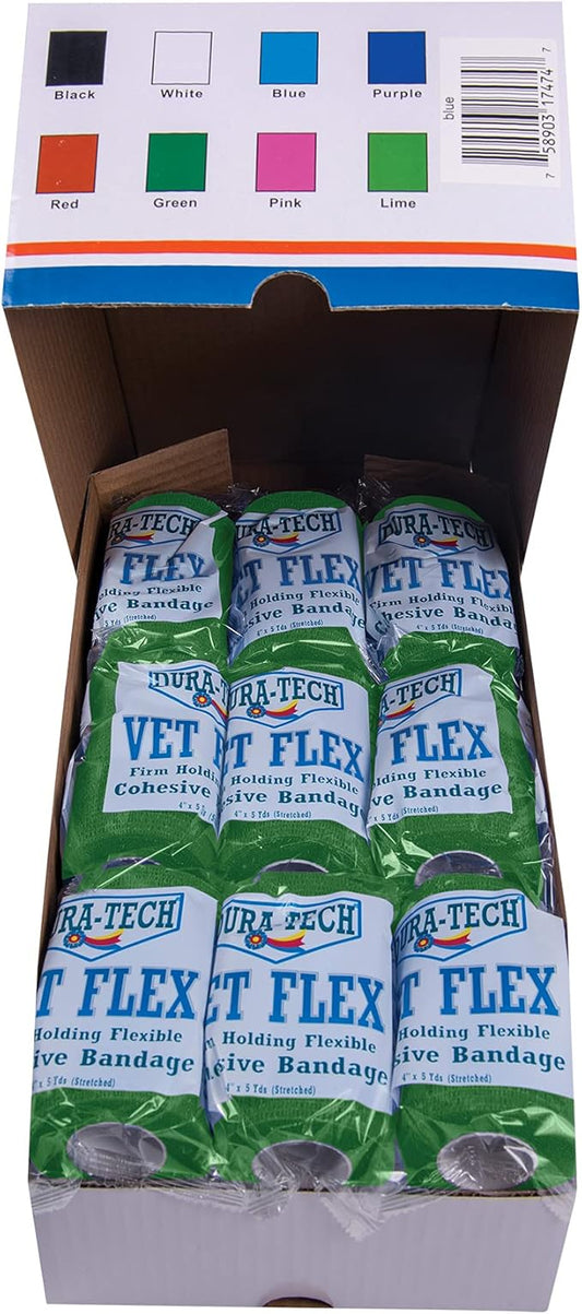 Dura-Tech Vet Flex Green Bandage First Aid Wrap | for Horses, Dogs and Others | Self-Adhesive Cohesive Tape | 4” Wide and 5 Yards of Length | Package of 18 Rolls