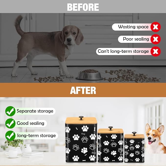 Airtight Dog Treat Container Set of 3 with Bamboo Lids Metal Treat Jars for Countertop Decorative Pet Snack Storage Canister Kitchen Biscuit Holder(Black)
