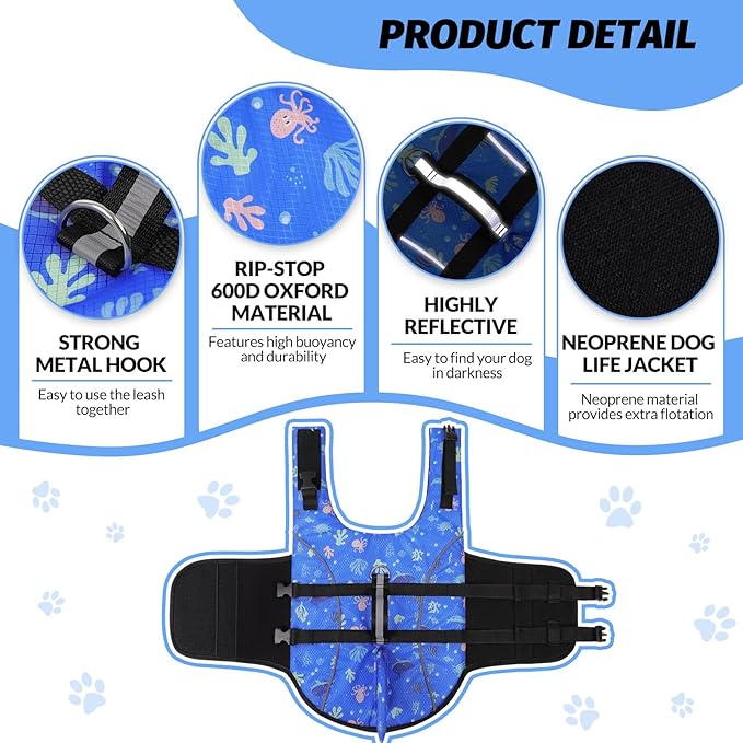 Queenmore Medium Dog Life Jacket, Dog Life Vest for Swimming with Shark Fin, Ripstop Dog Lifevests for Boating with Handle/Leash Hook, Pet Safety Water Vest for French Bulldogs Dachshunds (Prints,M)