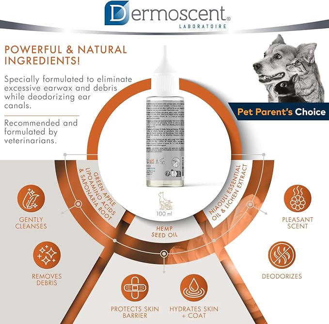 Dermoscent Essential OTO Ear Cleaner for Dogs, Cats, and Rabbits | 100% Natural Formula with Hemp Seed Oil, Gentle Earwax Removal, Odour Control, Ideal for Sensitive Ears