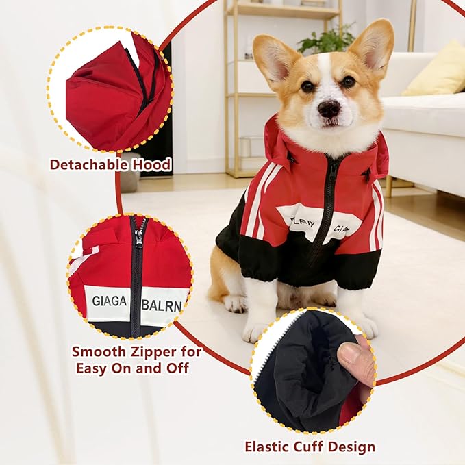 Dog Raincoat, Waterproof Dog Rain Jacket with Detachable Hood, Dog Rain Coat with Smooth Zipper, Elastic Cuff for Small Dogs, Outdoor Adventures/Walking Lightweight Puppy