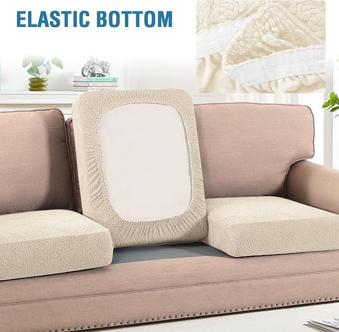 H.VERSAILTEX Jacquard Couch Cushion Covers High Stretch Sofa Covers for 3 Cushion Couch Furniture Protector Spandex Anti-Slip Soft Thickened Slipcovers Damask Pattern(3 Seat Covers, Ivory)
