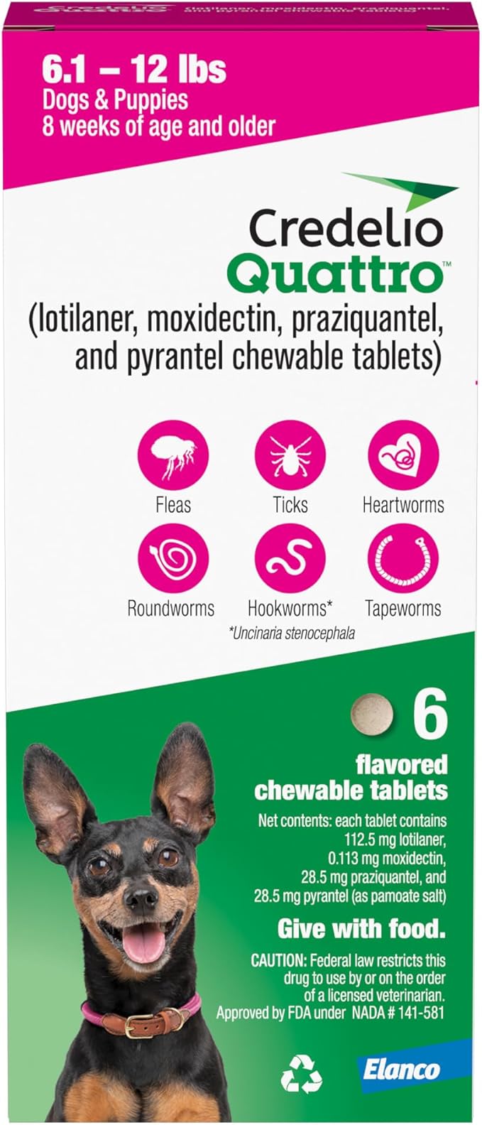 Credelio Quattro Dog Flea & Tick Treatment + Heartworm & Parasite Protection, 6.1-12 lbs (6 Chewable Tablets)