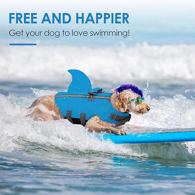 SUNFURA Dog Life Jacket Shark Life Vest for Dogs, Adjustable Swmming Vest with High Buoyancy, Safety Lifesaver with Rescue Handle for French Bulldog Small Medium Breeds, Light Blue M