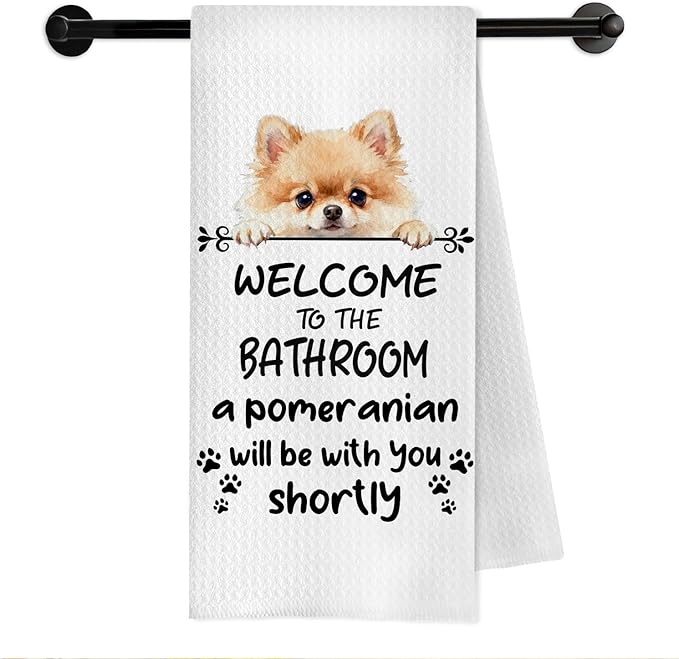 Funny Pomeranian Dog Bathroom Hand Towels, Pomeranian Gifts for Women, Welcome to The Bathroom Decorative Hand Towels for Bath Room Toilet Washroom Restroom, 16x24 Inch
