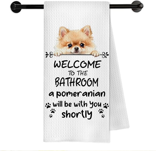 Funny Pomeranian Dog Bathroom Hand Towels, Pomeranian Gifts for Women, Welcome to The Bathroom Decorative Hand Towels for Bath Room Toilet Washroom Restroom, 16x24 Inch