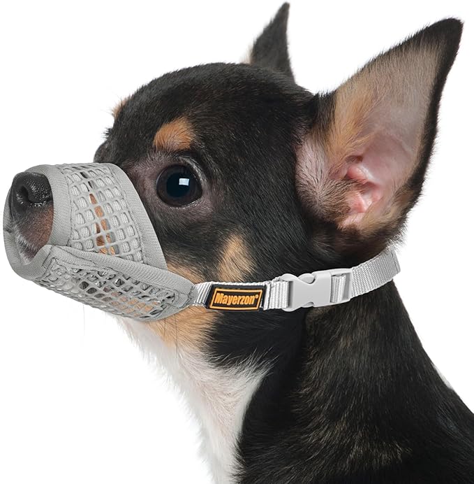 Mayerzon Dog Muzzle for Biting, Patented Soft Breathable Mesh Muzzle for Small Medium Dogs Chihuahua Dachshund Poodle, Adjustable Mouth Cover for Grooming, Chewing, Vet Visits(XXS, Dark Grey)