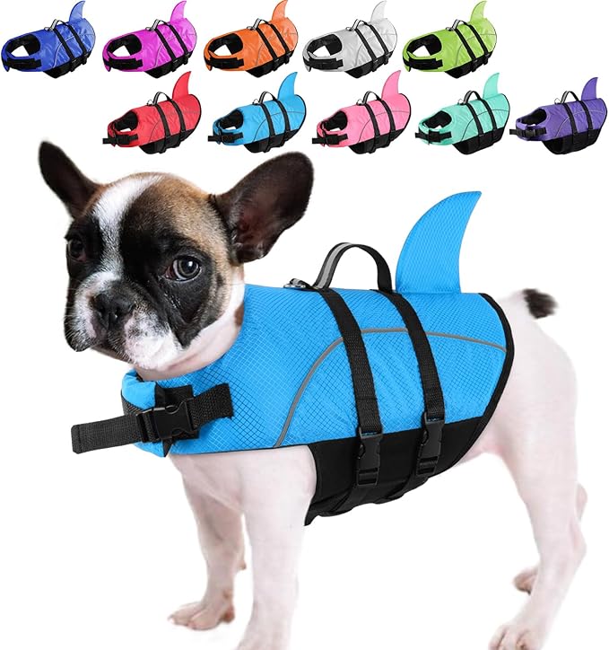 Queenmore Small Dog Life Jacket,Shark Dog Life Vest for Swimming,Puppy Light Life Preserver for Boating Kayaking Canoeing,Pet Lifesaver with High Buoyancy,Rescue Handle,Leash Hook (Peacock Blue,XS)
